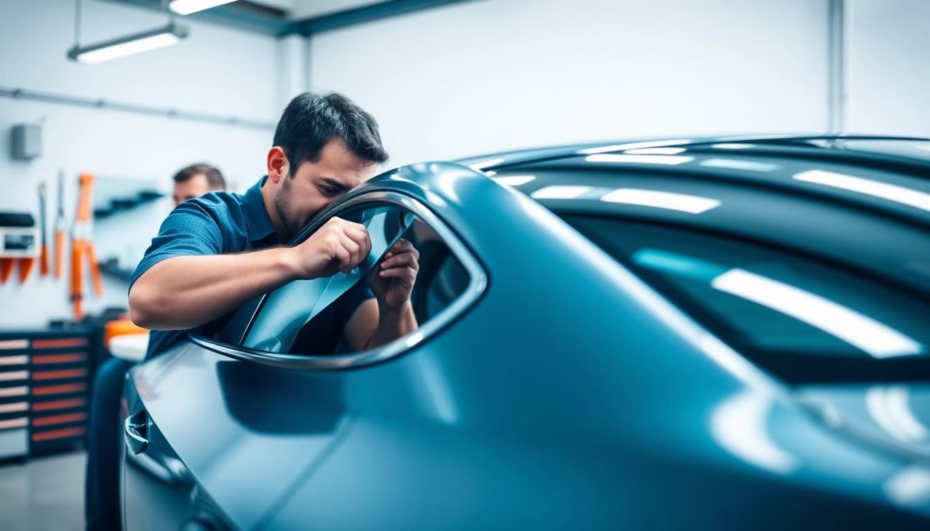 Apply window tint near me with professional quality in a well-lit garage.