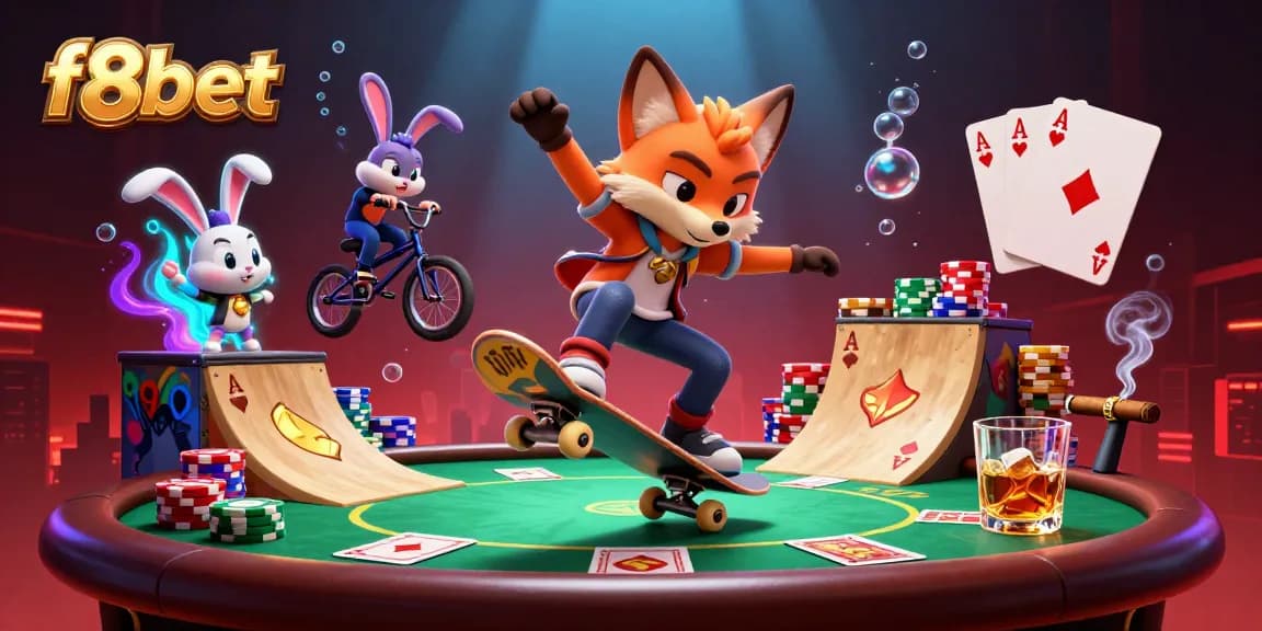 Experience thrilling gaming with f8bet's vibrant 3D illustration featuring playful casino characters.