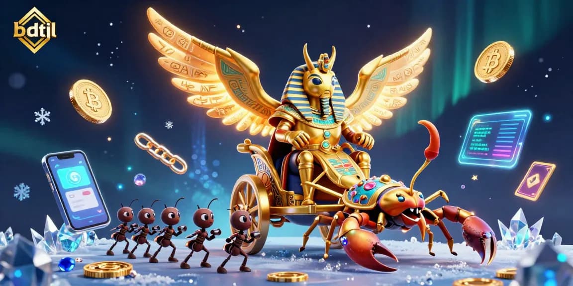 Engage with bdtjl's rich casino experience featuring a golden scarab beetle and vibrant crypto elements.