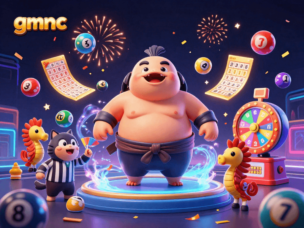 Experience the excitement of gmnc with a festive underwater lottery scene, featuring dynamic colorful balls and characters.