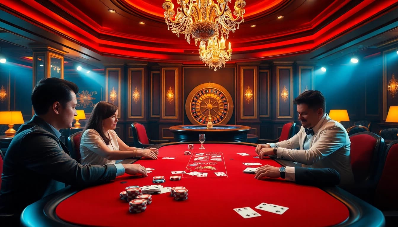 Experience the thrill of poker at SunWin casino, showcasing a vibrant gaming table stacked with colorful chips.