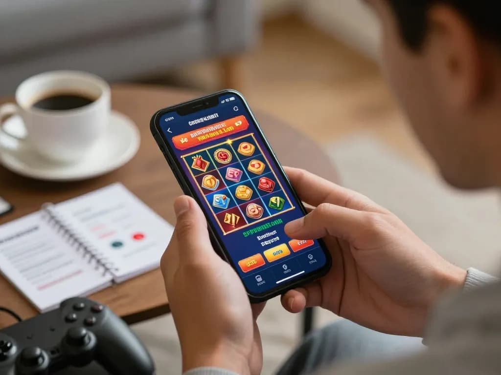 Jogador AAVIP aproveitando jogos móveis em casa com slots empolgantes exibidos na tela.