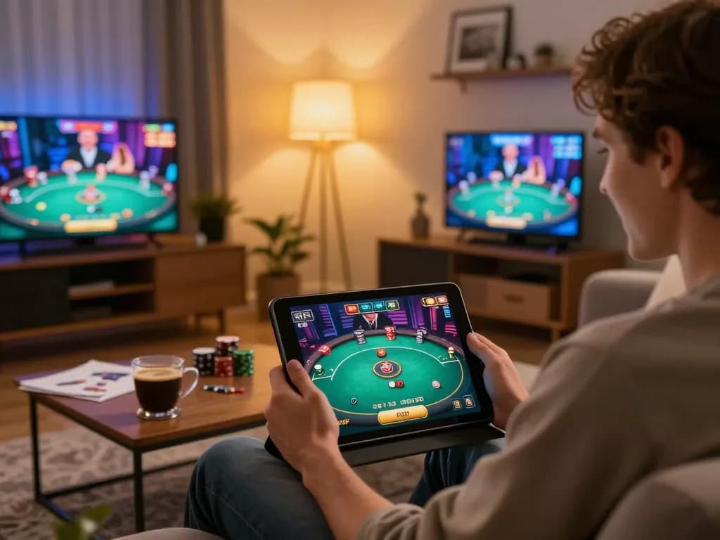 Jogador AQ777 se envolvendo em jogos online em um tablet com interface de pôquer e notas de estratégia.