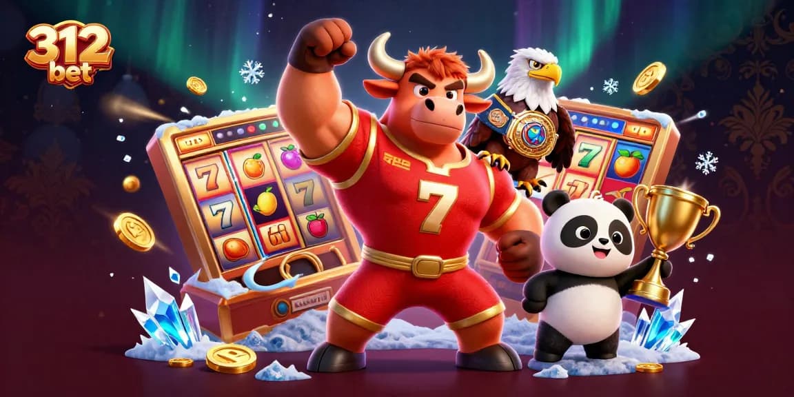 Experience the vibrant atmosphere of 312bet casino with dynamic slots and celebratory mascots.
