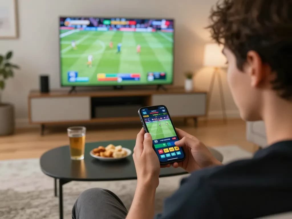 CK444 user placing a sports bet on smartphone while enjoying the game from home, focused on strategic betting decisions