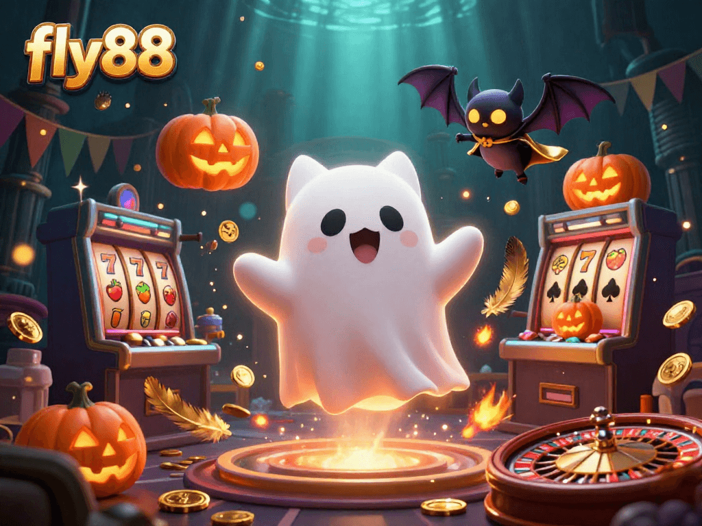 Experience thrilling moments with fly88 in a vibrant haunted casino featuring a ghost cat, vampire bat, and glowing jack-o-lanterns.