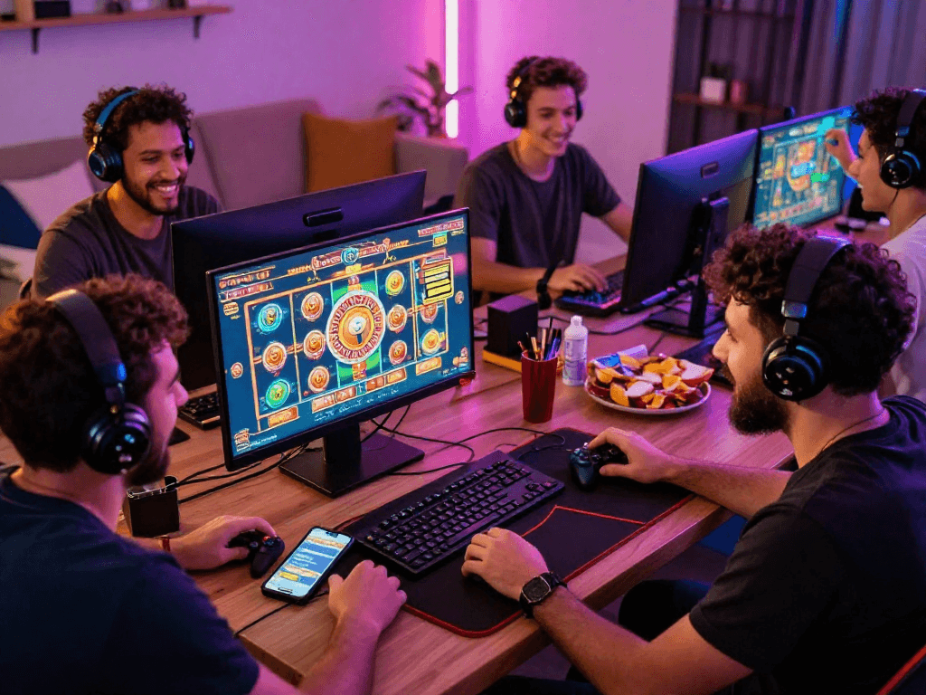 Jogadores brasileiros se divertindo em um cassino online spbet, com jogos emocionantes na tela e atmosfera vibrante.