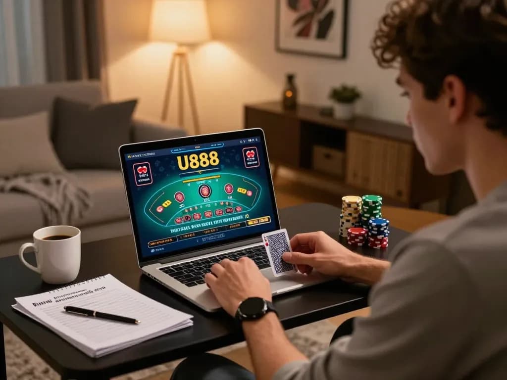 Player engaging in U888 online blackjack strategy session at home with cozy atmosphere.
