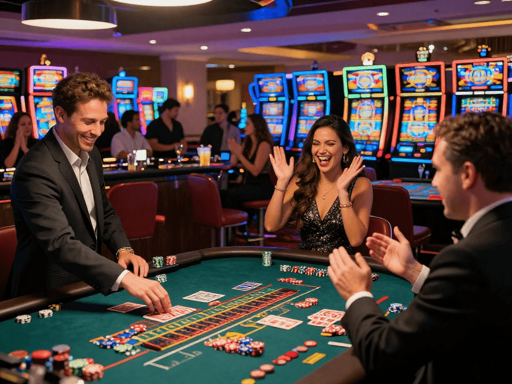 Exciting atmosphere at https://vin88-casino.games/ with players enjoying card games and celebrating wins.
