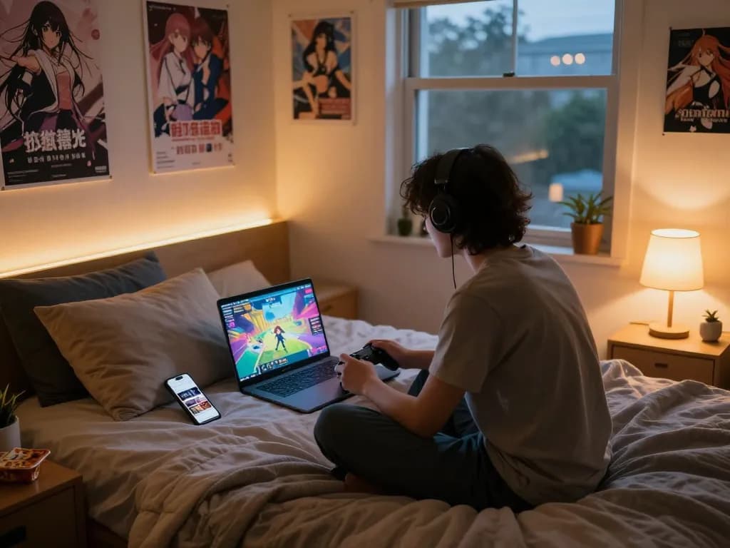 Engaging scene of a gamer playing an adult game on a laptop in a cozy bedroom.