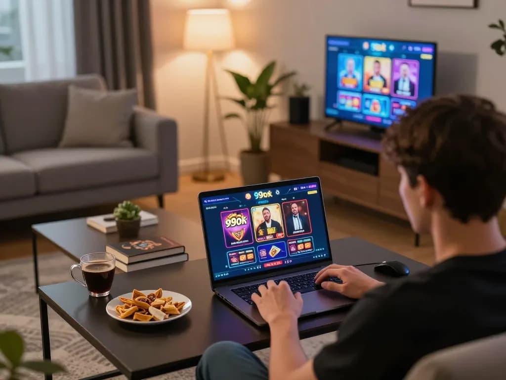 Player engaging with the 99ok online platform in a cozy living room setting, showcasing responsible gaming.