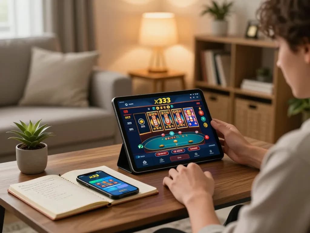 Engage with x333 casino games in a cozy home setup, showcasing online poker interface.