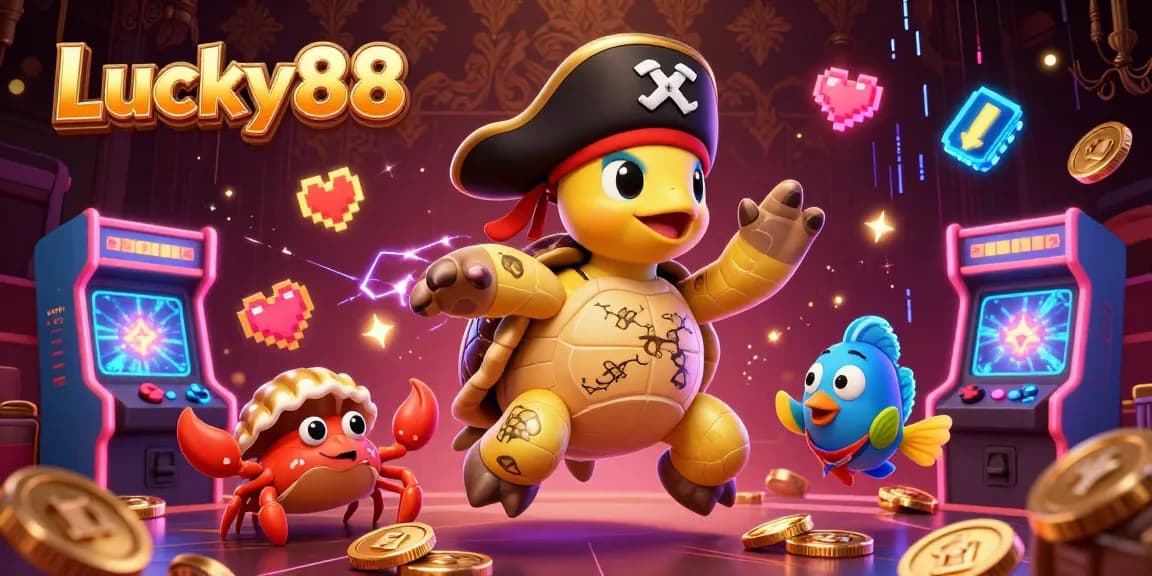 Engage with Lucky88 by spinning reels and winning jackpots in this vibrant cartoon casino scene.