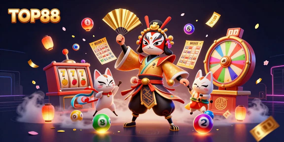 Experience the excitement of TOP88 with dynamic slot reels and vibrant game characters.