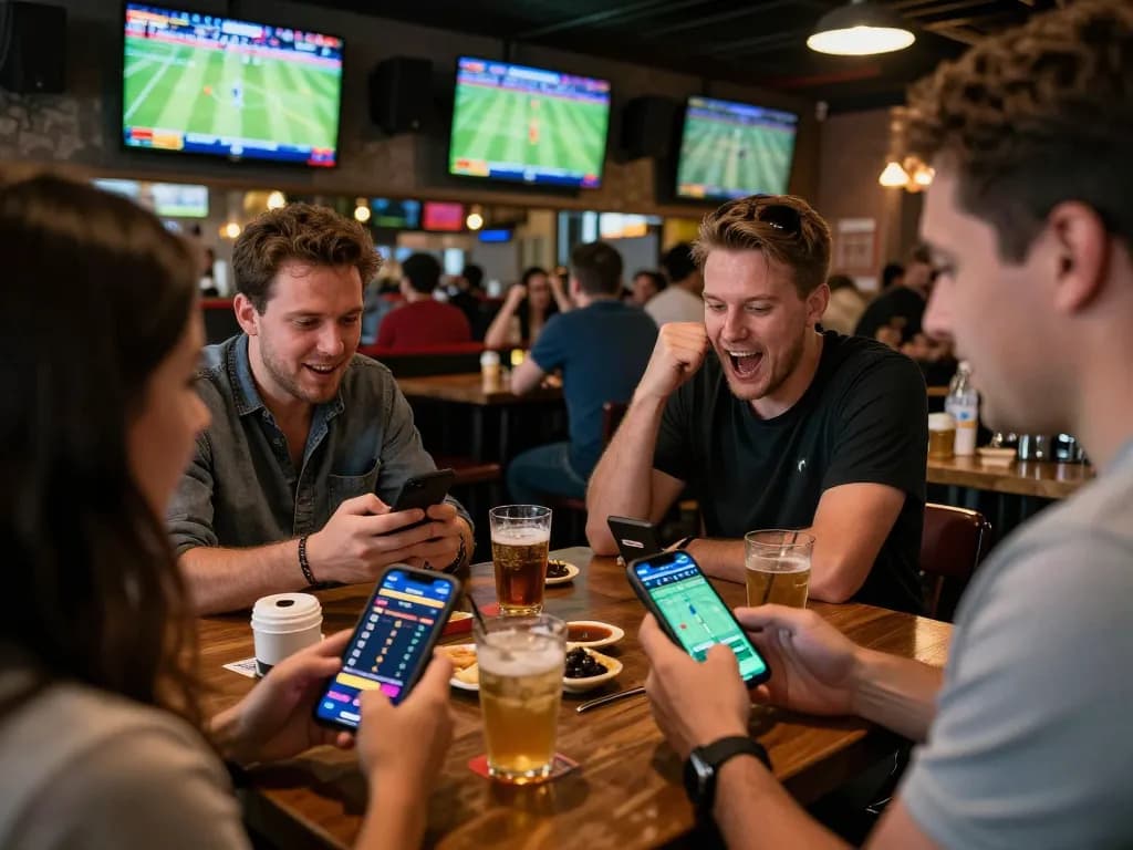 Fans cheering while betting on 40WIN sports events at a lively sports bar