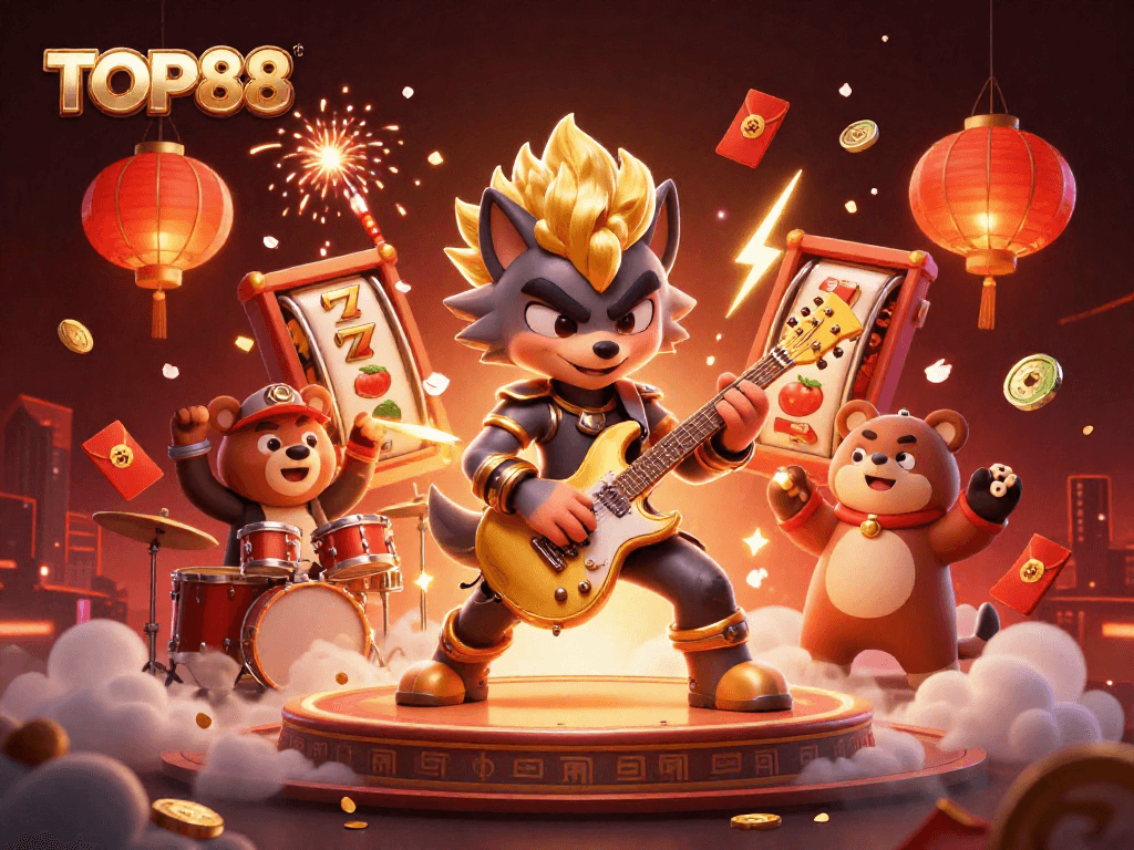 TOP88 showcases a vibrant 3D illustration with a rock star wolf and casino elements, creating an engaging atmosphere.