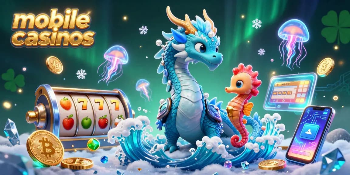 Win big in mobile casinos with a vibrant 3D illustration of a dragon, knight, and jellyfish.