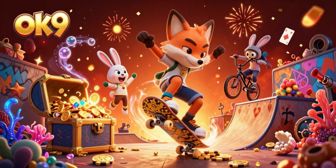 Engage with ok9's thrilling casino vibes, witnessing a skateboarder fox and BMX rabbit amidst vibrant gaming symbols.