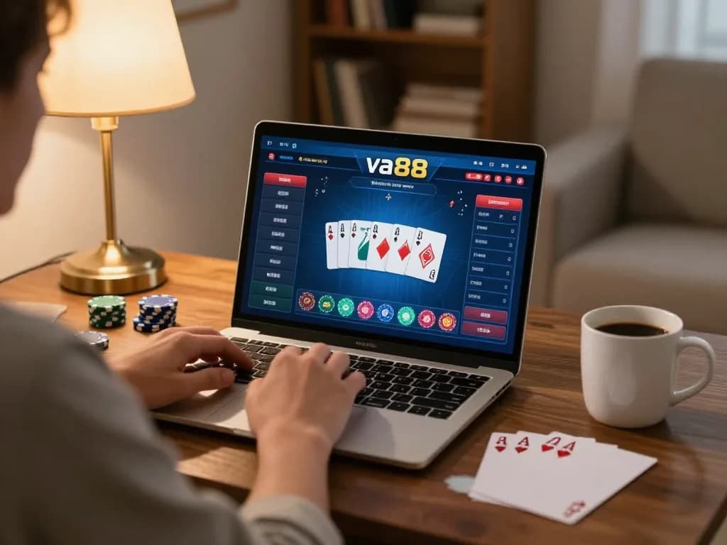 Engaging online poker gameplay on laptop with va88 gaming interface in focus for strategic betting
