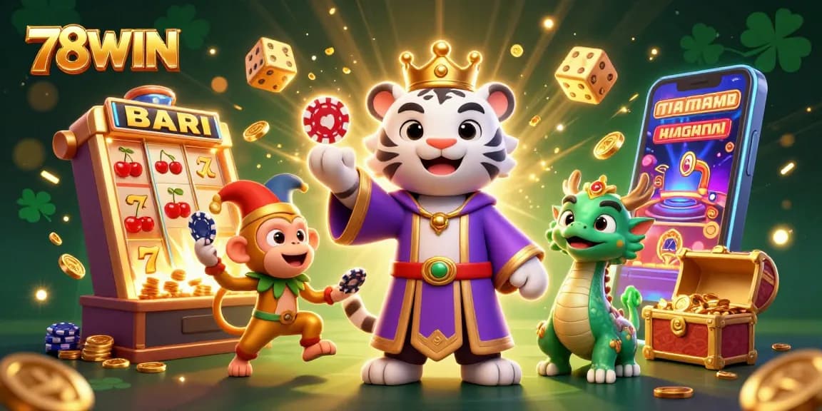 Experience excitement at 78WIN with vibrant 3D casino illustration featuring jackpot slots and characters.