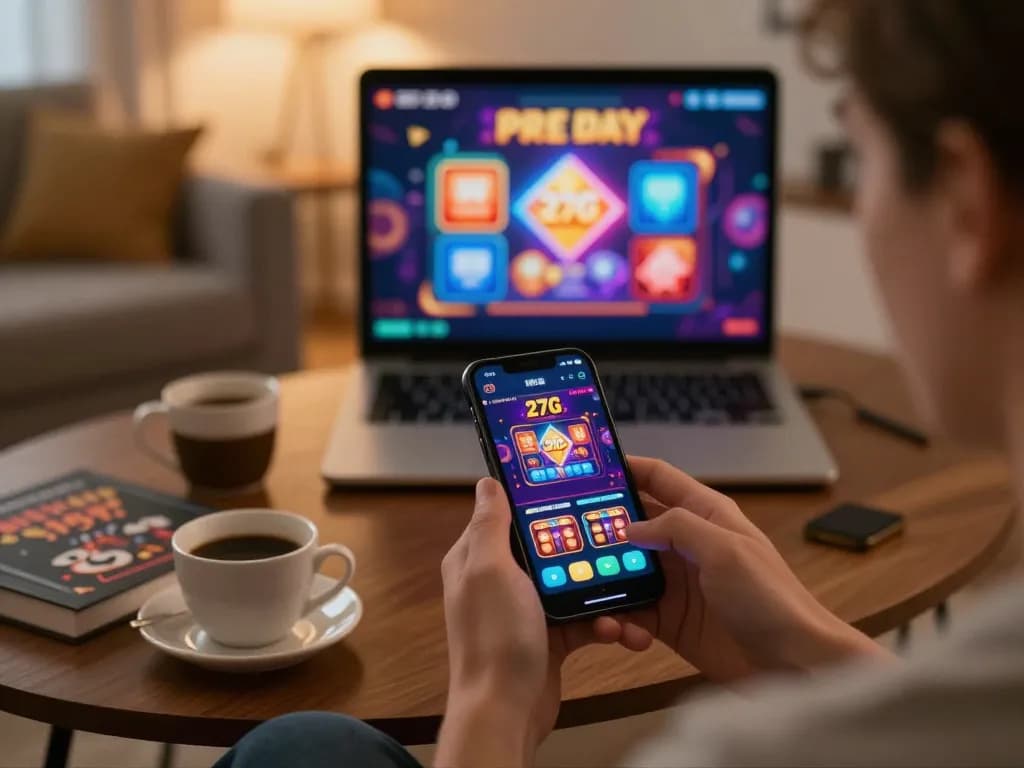 Engaging scene of a player using the 27G app on a smartphone during an online gaming session in a cozy setting.