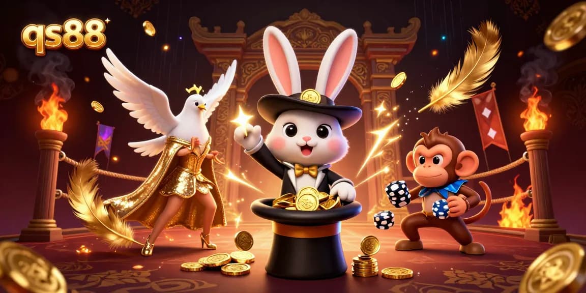 qs88 invites players to a vibrant casino world filled with magic and excitement as coins are pulled from a top hat.