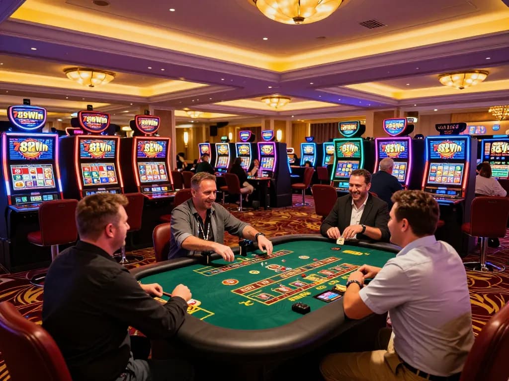 Players celebrating wins at 789Win's engaging slot machines, vibrant casino atmosphere