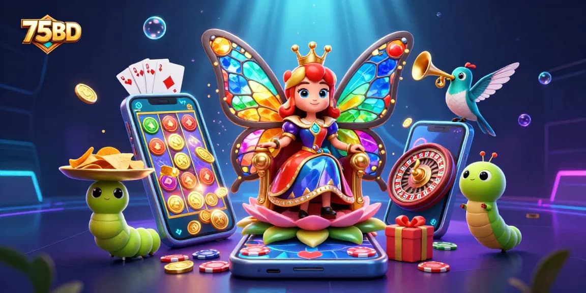 Experience exciting gameplay at 75BD featuring a vibrant casino scene with slots and characters.