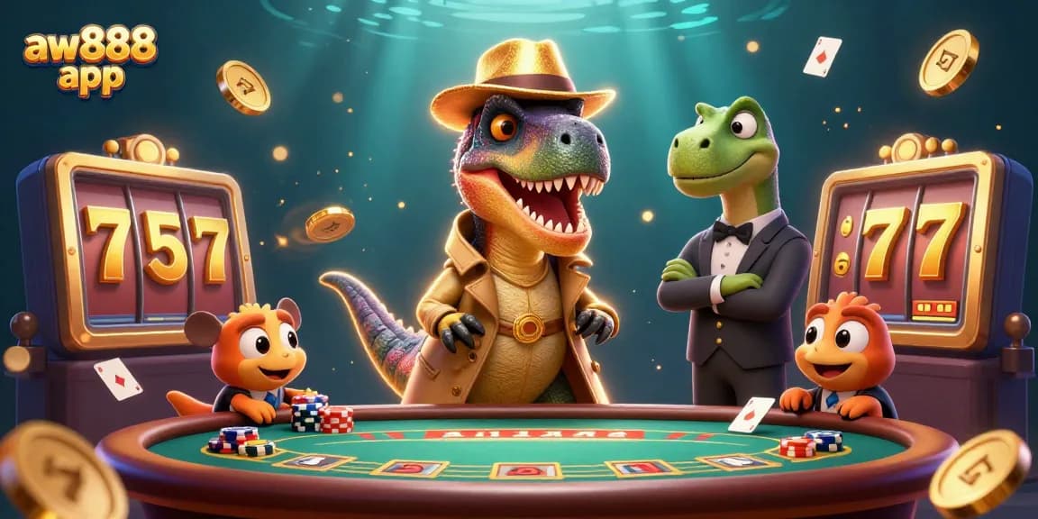 Experience the excitement at the aw888 app with 3D characters engaging in thrilling slot games, surrounded by dynamic elements.