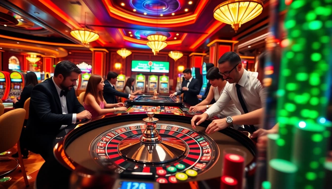 Engaging roulette table scene capturing the excitement of 188 bet players surrounded by casino elements.