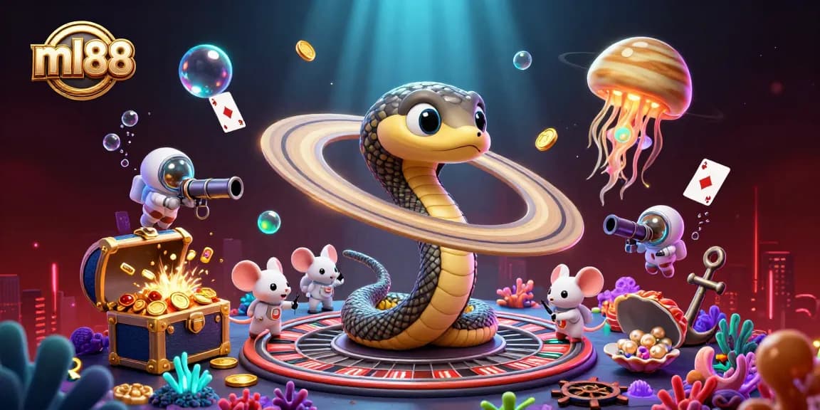 Experience thrilling gameplay with ml88 at a vibrant cosmic casino scene featuring a roulette wheel and astronaut mice.