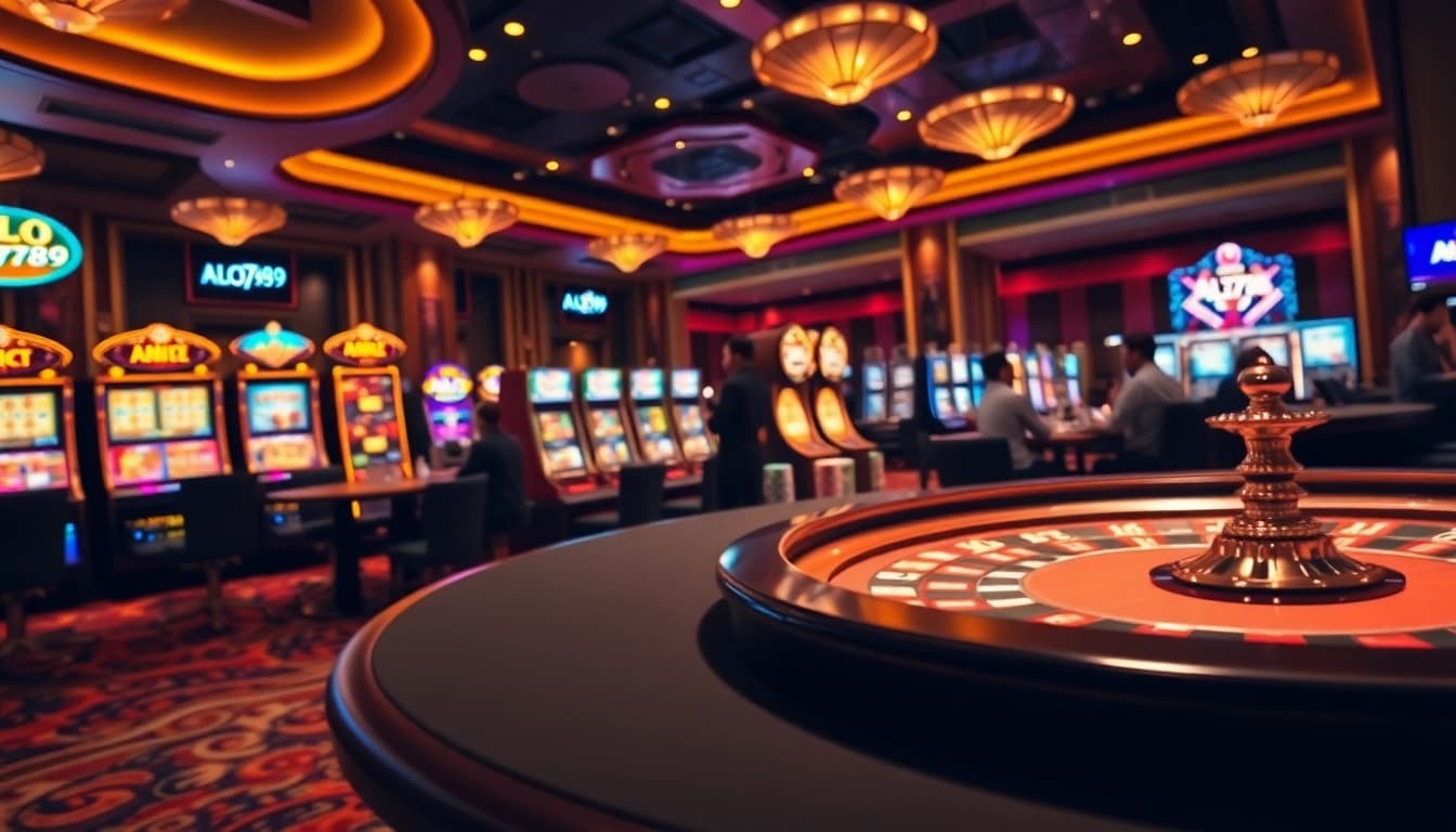 A dynamic gaming scene at ALO789 showcasing poker, slots, and roulette, embodying a luxurious casino experience.