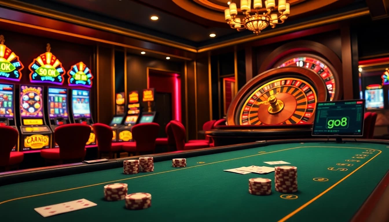 Engage with go8 excitement at a luxurious casino featuring elegant poker tables and vibrant slot machines.