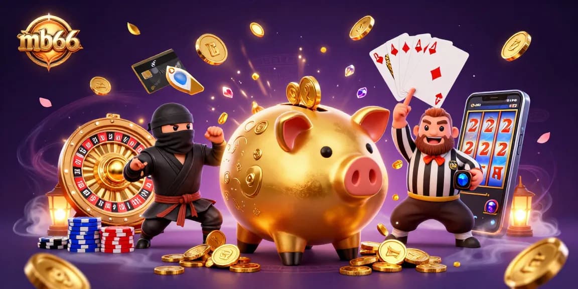 Join the fun at mb66 with a golden piggy bank sumo wrestler, sparkling gems, and dynamic casino elements.