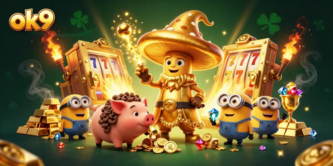 Experience vibrant slot action with ok9's magical golden wizard and treasure-filled scene.