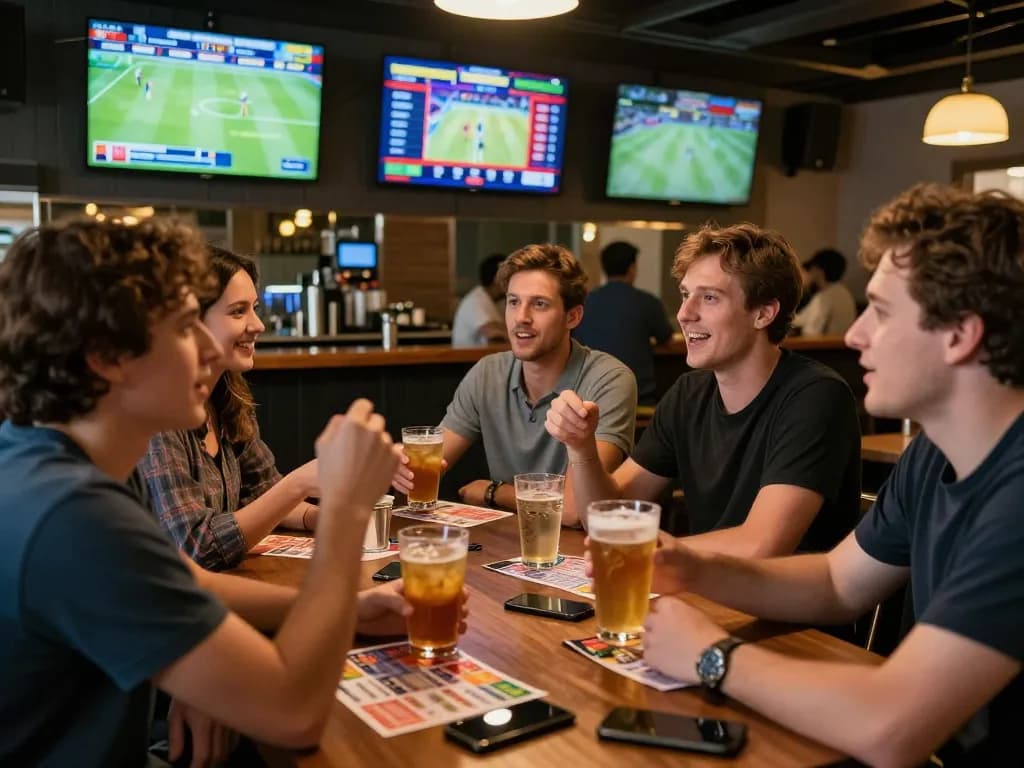 C168 players placing bets while enjoying lively sports betting experience at a vibrant bar.