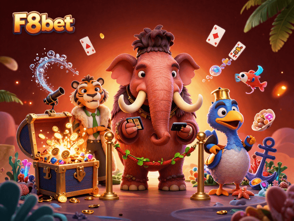 Experience the vibrant world of F8bet with a colorful casino scene featuring unique characters and dynamic gaming elements.