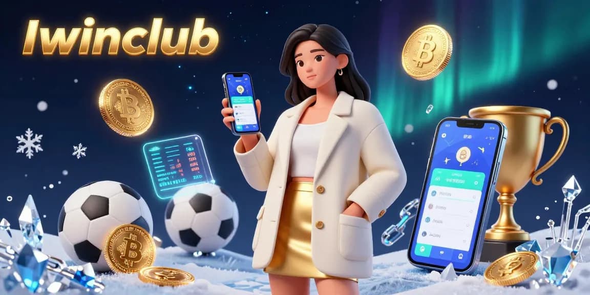 Iwinclub sports betting app illustration with a friendly Asian woman in a chic outfit holding a smartphone.