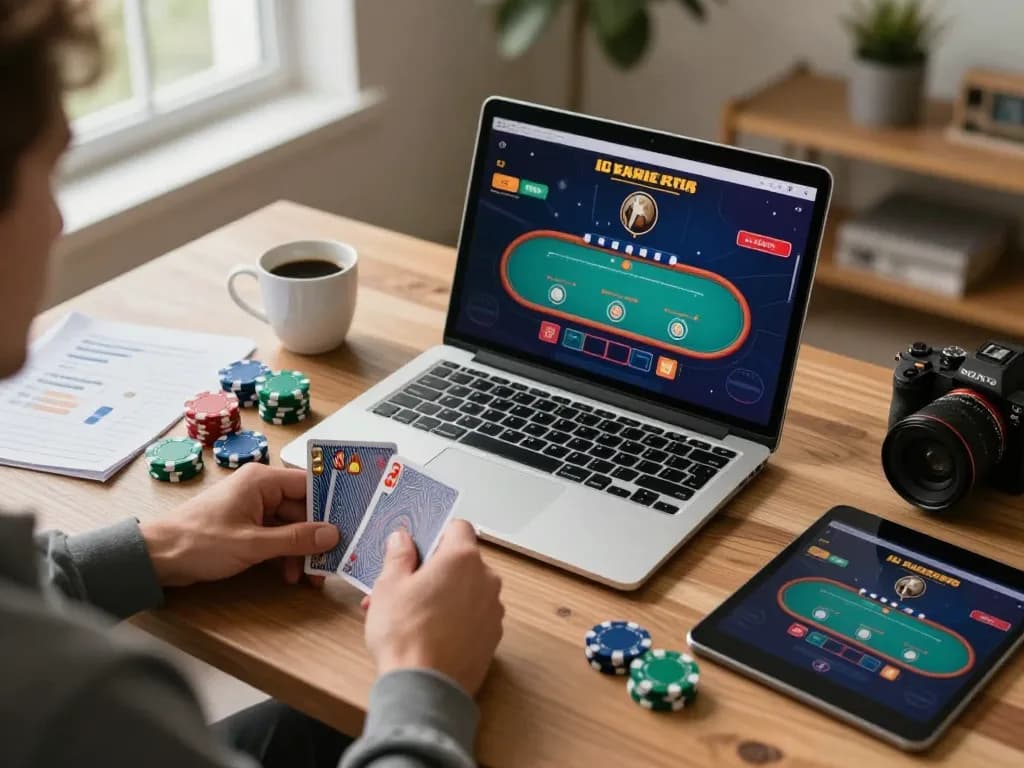 Play poker on 22ff online platform with vibrant interface visible on laptop screen, showcasing strategic gameplay