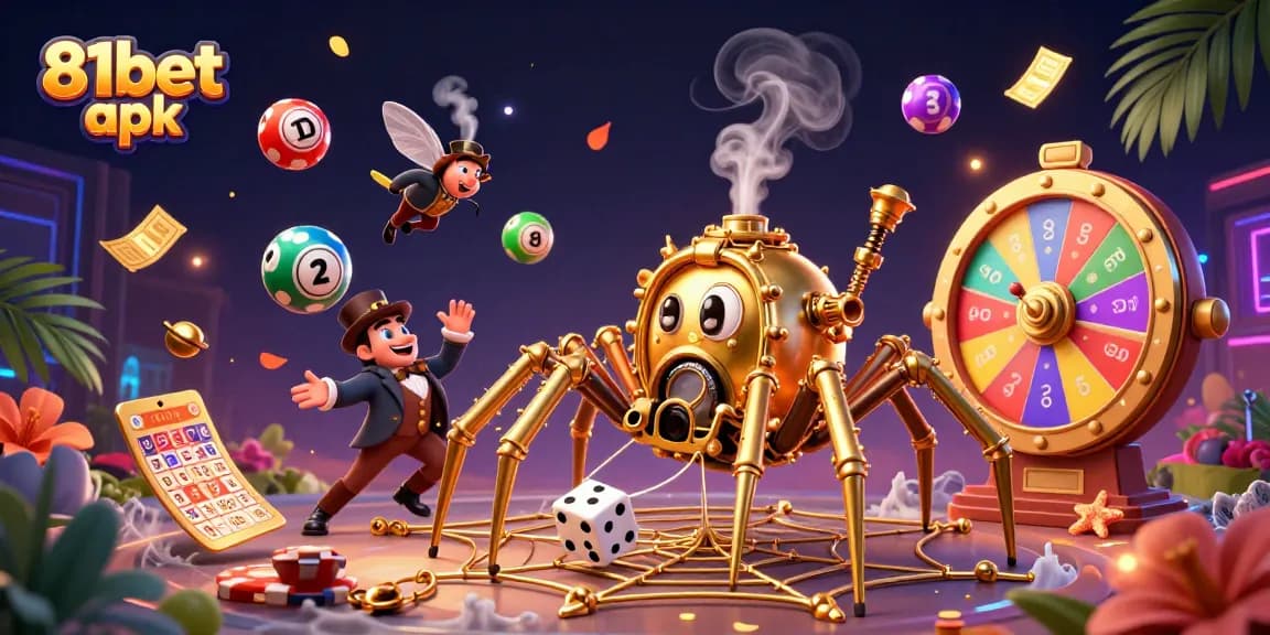 Experience the thrill with 81bet apk, featuring a golden spider and excited game elements in a vibrant scene.