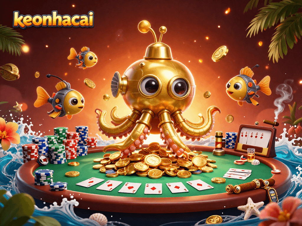 Join the adventure of keonhacai with a golden kraken submarine amidst casino excitement.