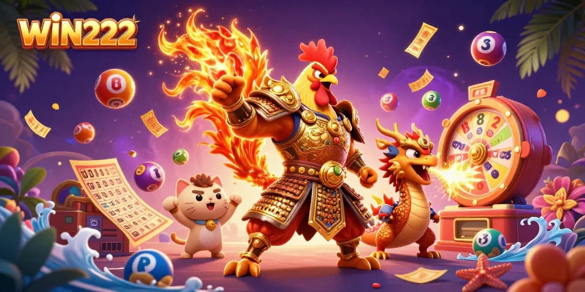 Engage in the excitement of WIN222 with an animated illustration featuring a fierce rooster warrior and dragon hatchling within a dynamic casino scene.
