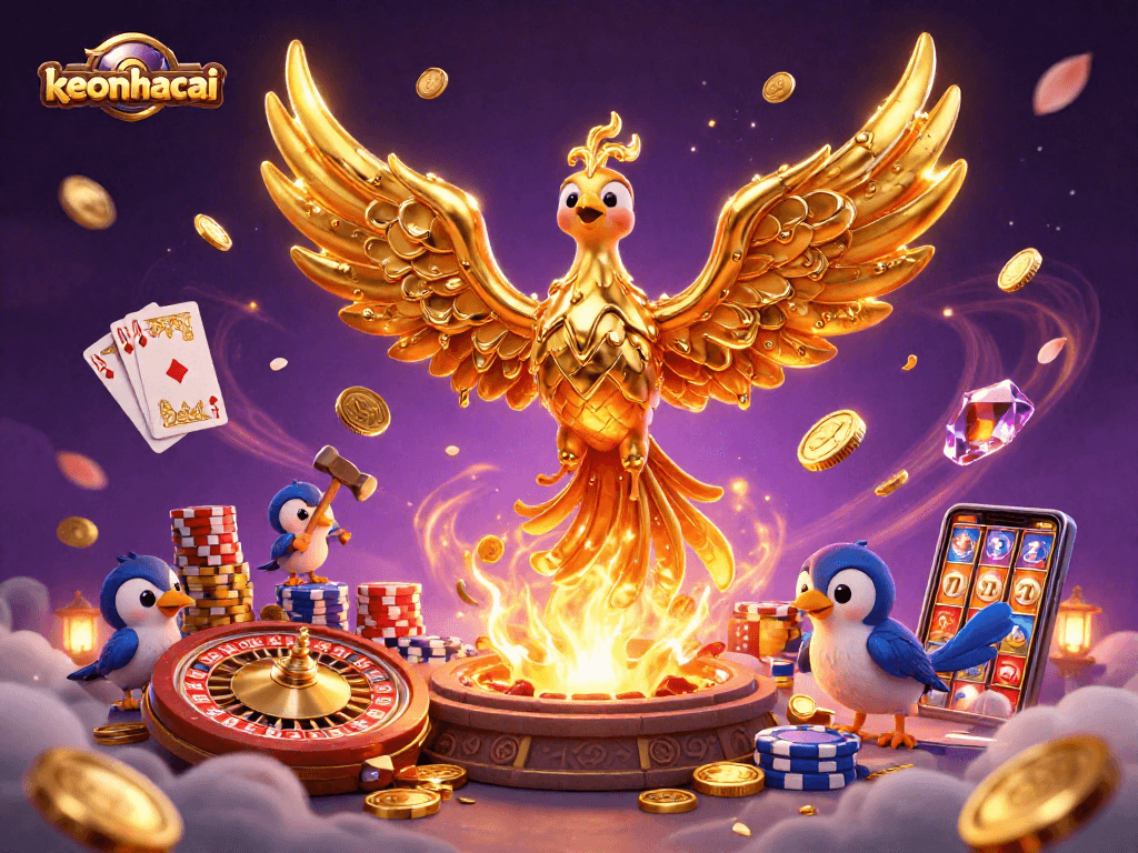 Experience the thrill with keonhacai, featuring a golden phoenix and casino elements in action.