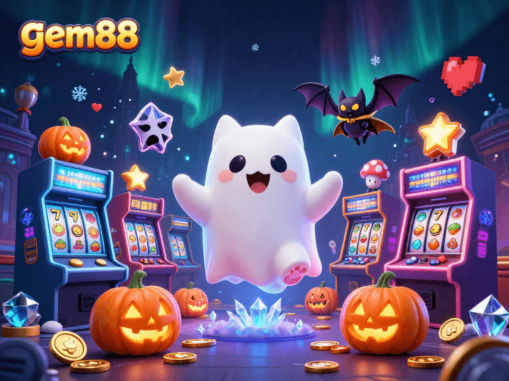 Experience gem88's haunted casino adventure with vibrant 3D ghost cat, bat, and glowing game elements.