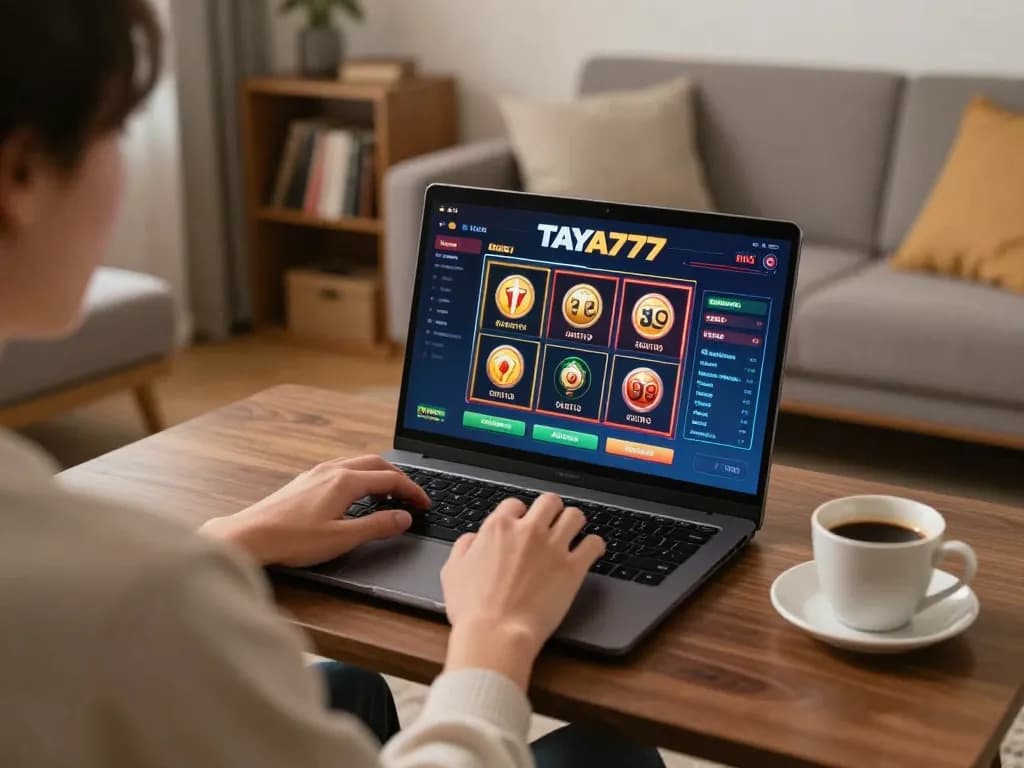 TAYA777 user engaged in online slot gaming with laptop in cozy home setting.