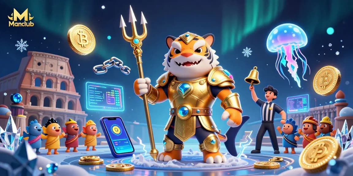 Engage with Manclub’s thrilling underwater adventure featuring a tiger shark, crypto coins, and a vibrant atmosphere.