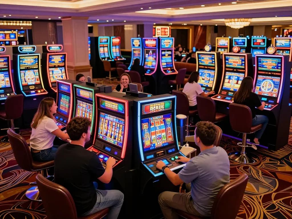 Players enjoying vibrant slot machines at 888NEW casino, spinning for exciting wins.