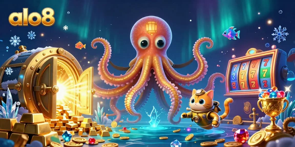 Experience the thrill at ALO8, with dynamic illustrations of a kraken, diving cat, and treasure in a casino setting.