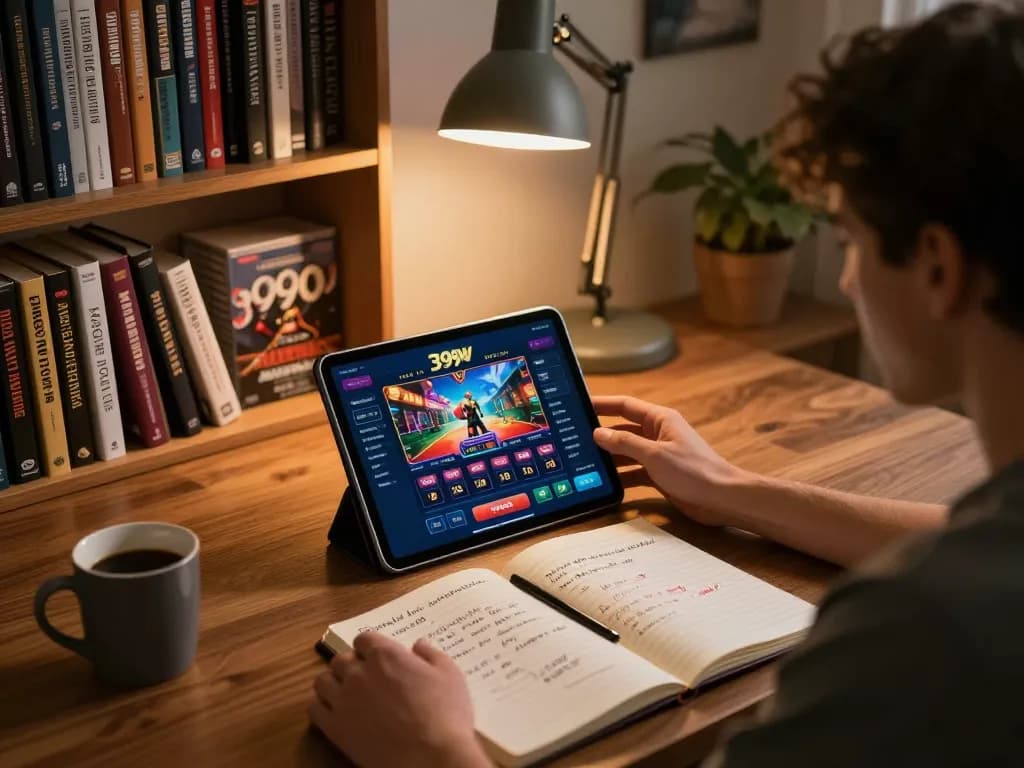 A person engaged in online gambling on 399w tablet at home, showcasing an inviting gaming atmosphere