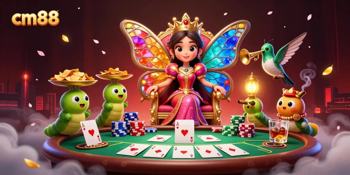 Engage in thrilling play at cm88's casino, featuring dazzling poker tables and vibrant characters.